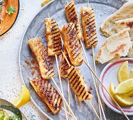 Membrillo-glazed halloumi skewers