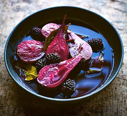 Cassis & bay-baked pears with blackberries