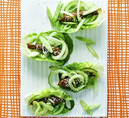 Cheat's duck, hoisin and cucumber lettuce cups