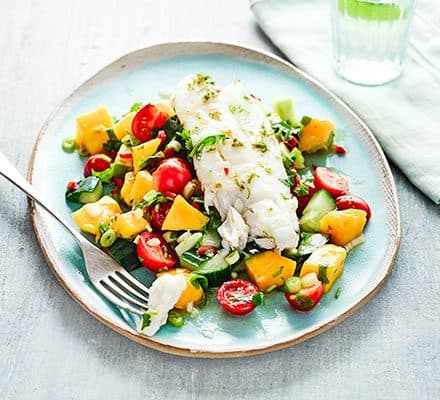 Cod with cucumber, avocado & mango salsa salad