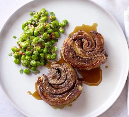 Crispy lamb breast with broad beans, chilli & marjoram