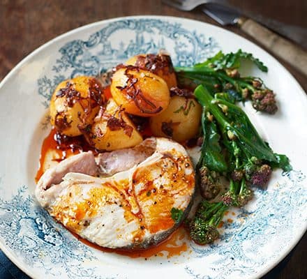Hake with paprika oil potatoes