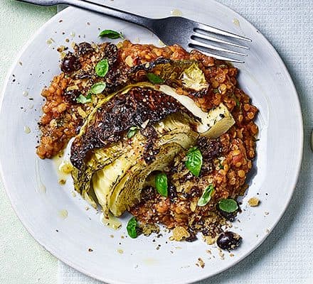 Italian-style roast cabbage wedges with tomato lentils