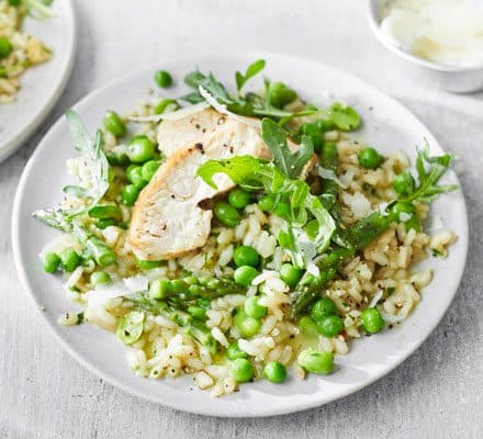 Pea, broad bean & rocket risotto with chicken