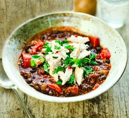 Mexican-style bean soup with shredded chicken & lime