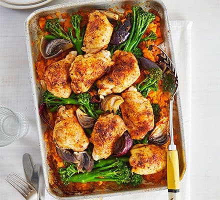 Piri-piri chicken with smashed sweet potatoes & broccoli
