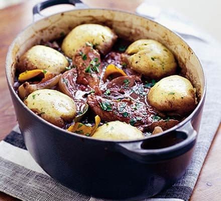Chicken & red wine casserole with herby dumplings