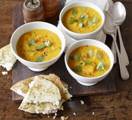 Vegan curried squash, lentil & coconut soup