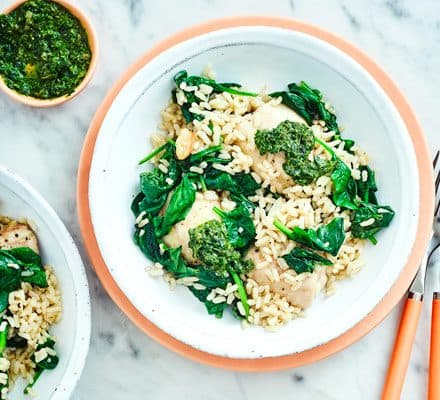Roast chicken thighs with brown rice & salsa verde