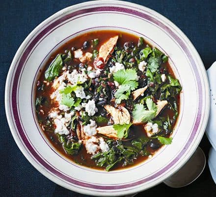 Spiced black bean & chicken soup with kale