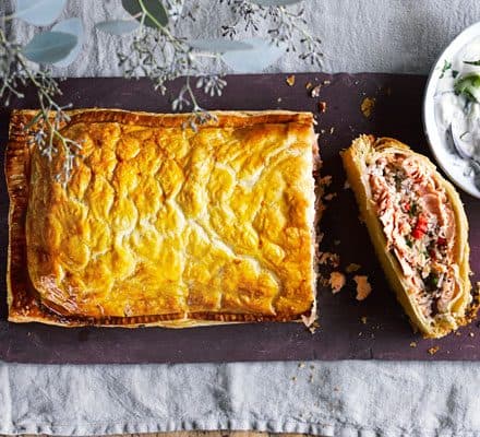 Spiced salmon coulibiac