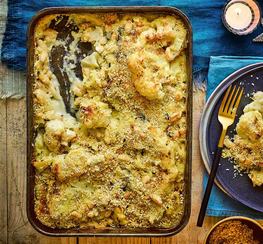 Cauliflower cheese steak & cannellini bean gratin with sage crumbs