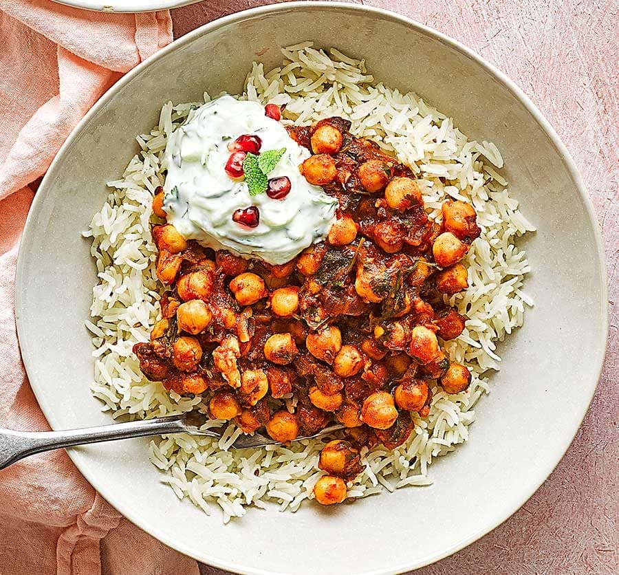 Chole with cumin rice & raita
