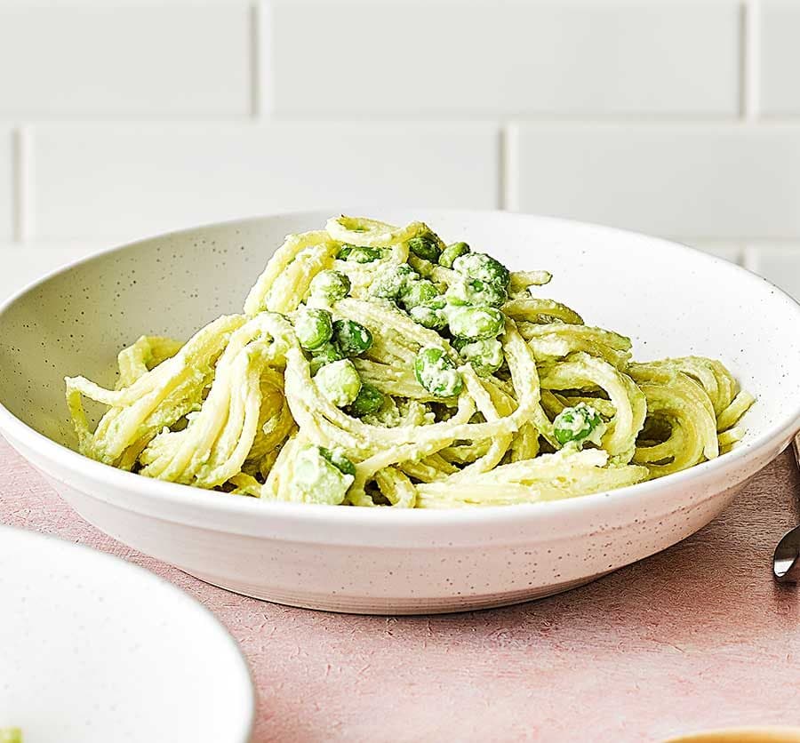 Creamy edamame pesto pasta with rocket salad