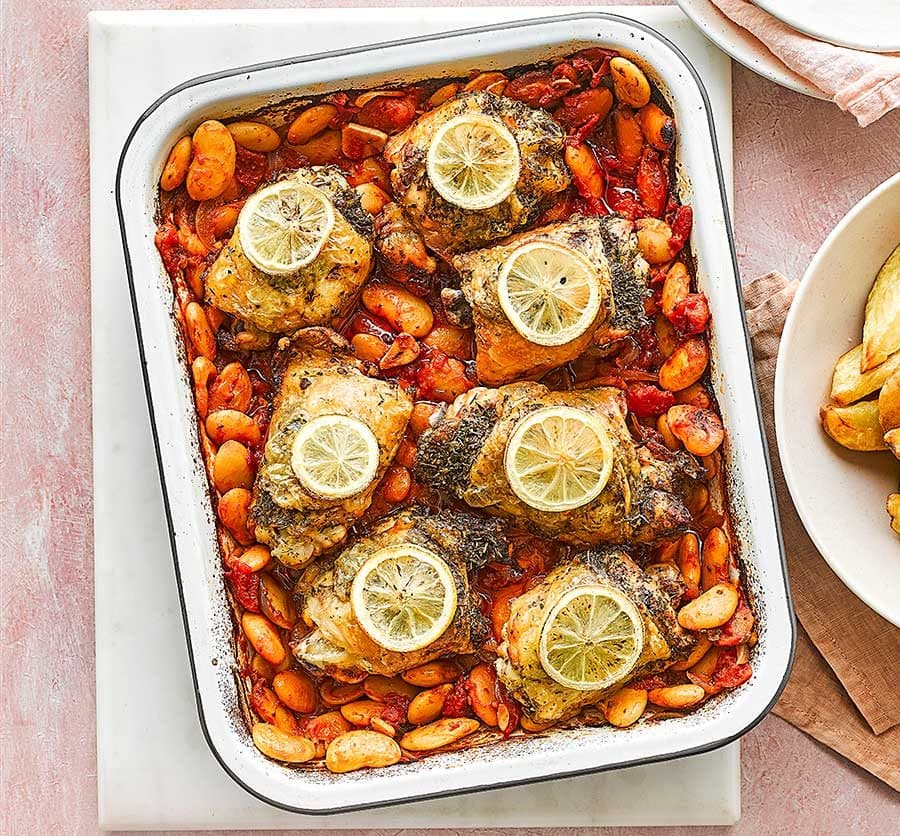Lemon & herb chicken traybake with butter beans & potato wedges