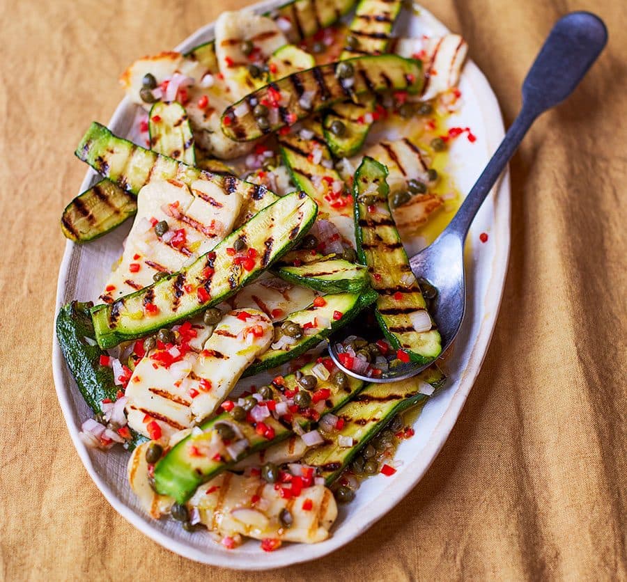 Grilled courgette & halloumi salad with caper & lemon dressing