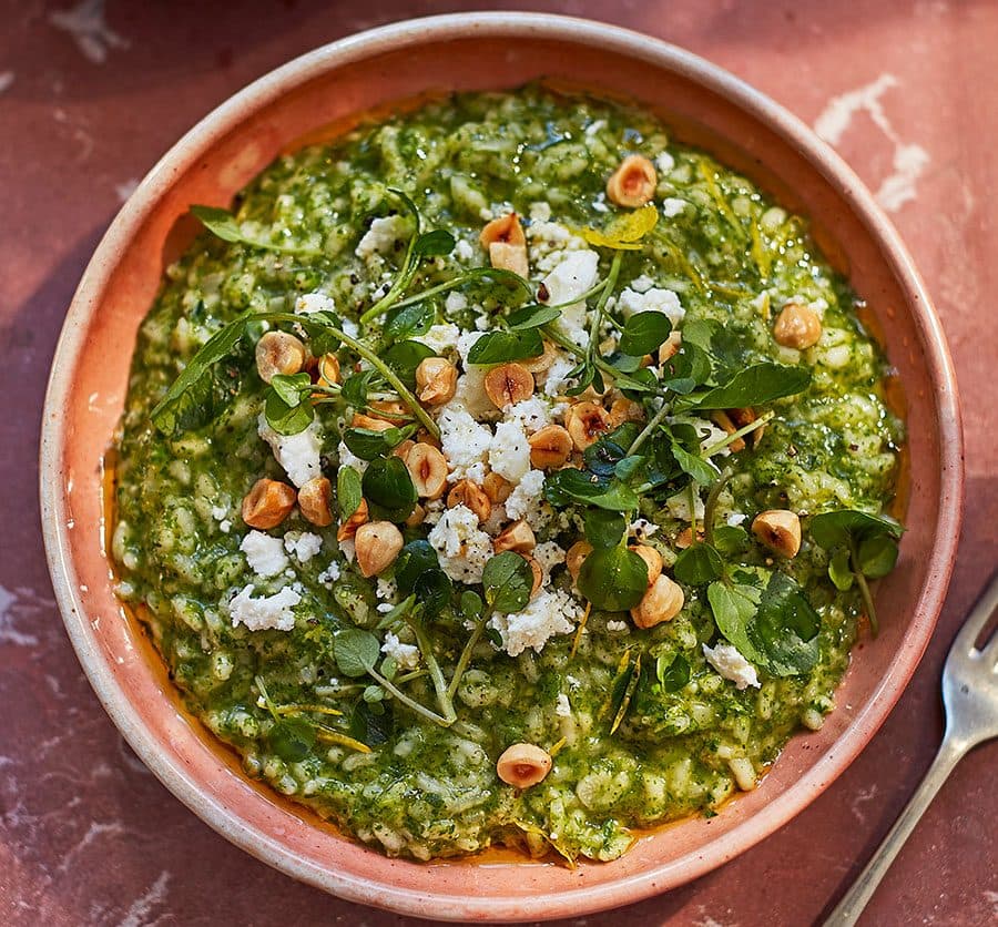Watercress risotto with goat's cheese