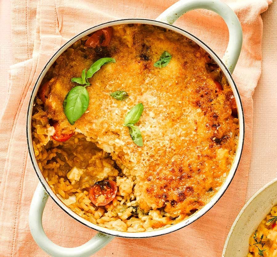Baked tomato, mozzarella & basil risotto