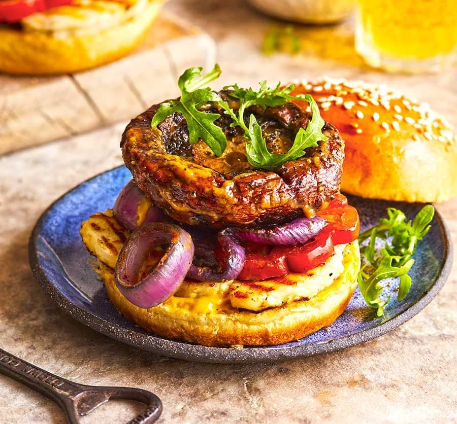 Miso mushroom & halloumi burgers