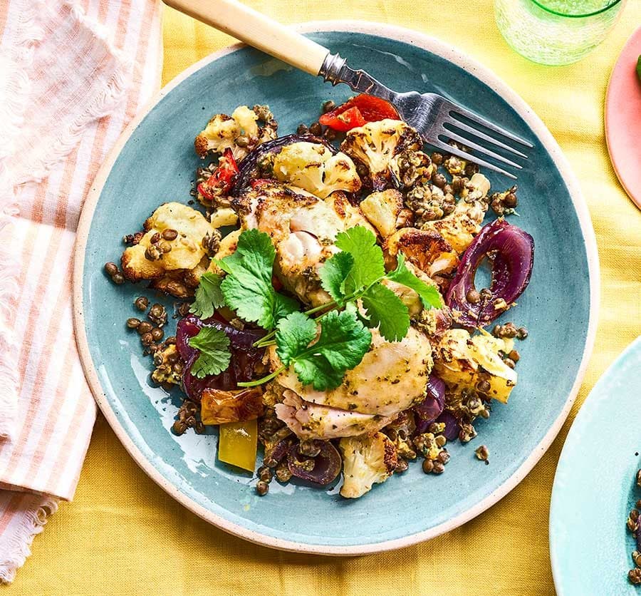 Coriander roast chicken thighs with puy lentil salad