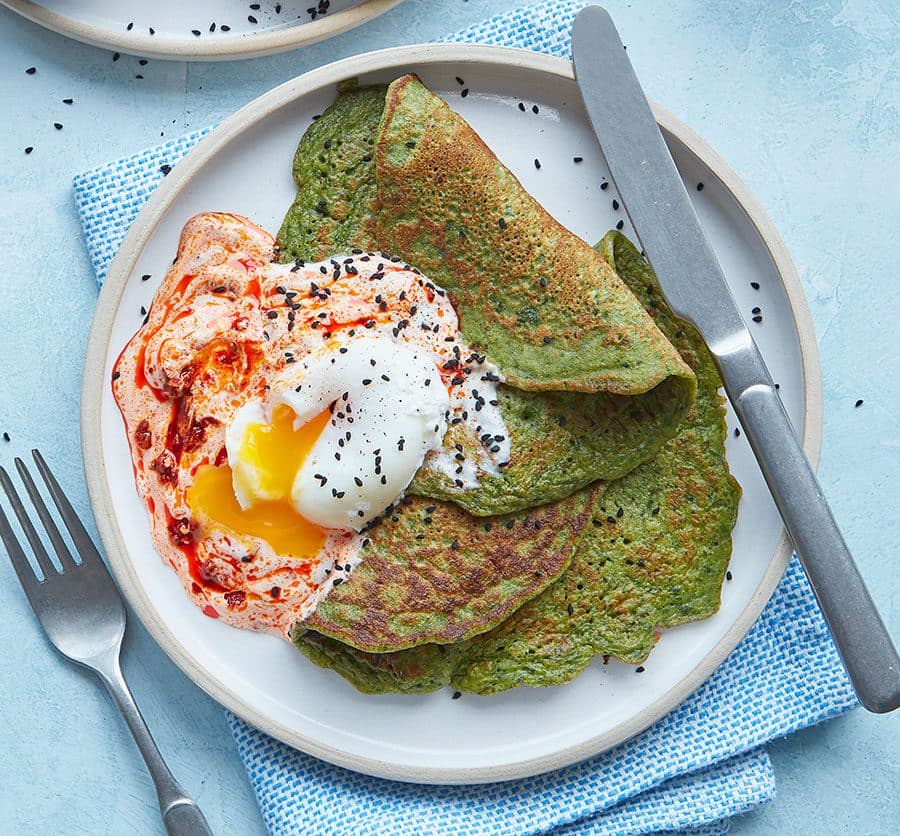 Spinach pancakes with harissa yogurt & poached eggs