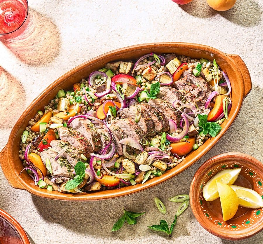 Pork with cucumber & apricot couscous