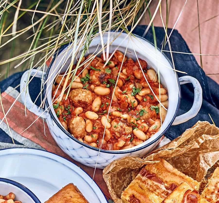 One-pan smoky beans & sausage meatballs