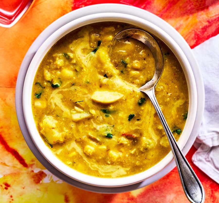 Corn, coconut & lentil chowder